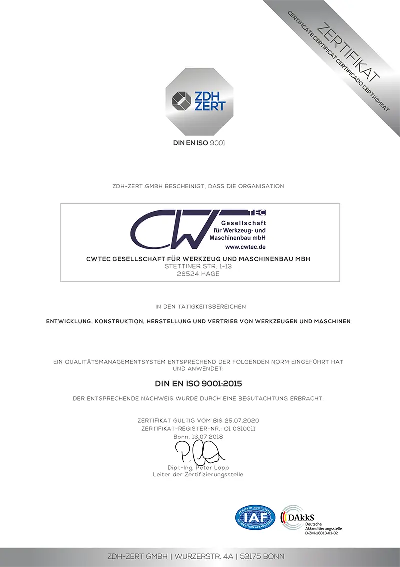 DIN EN ISO 9001 Zertifikat cwTec GmbH